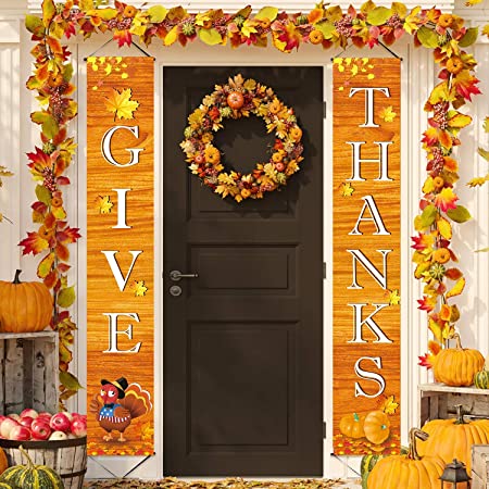 Fecedy 72"x12" GIVE THANKS Hanging Banner Porch Sign Autumn Pumpkin Maple Leaf Backdrop Flag Fall Harvest Welcome Banner For Home Yard Indoor Outdoor Wall Door Thanksgiving Party Decorations