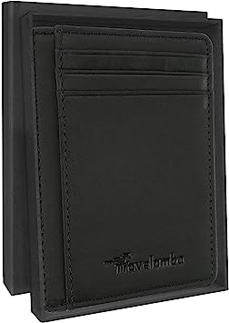 Travelambo Front Pocket Minimalist Leather Slim Wallet RFID Blocking Medium Size, Crazy Horse Black, Minimalist