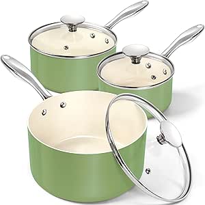 MICHELANGELO Sauce Pan with Lid, Non Stick Saucepan Set of 3-1Qt & 2Qt & 3Qt Small Pots for Cooking, Ceramic Saucepan - Non-Toxic, Scratch-Resistant, Oven Safe, Natural Green