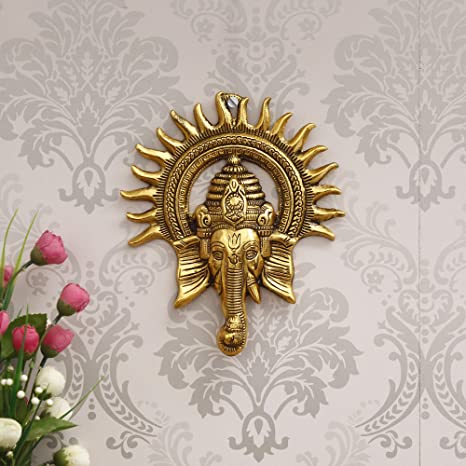 eCraftIndia Golden Lord Ganesha with Sun Decorative Metal Wall Hanging (AGG560)