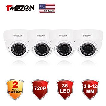 TMEZON 4 Pack HD-CVI Security Camera 720p High Definition over Analog 2.8-12mm Vari-focal Lens Indoor/Outdoor 36 IR Infrared 99ft Support 300-500 meters lossless transmission with 75-3 coax