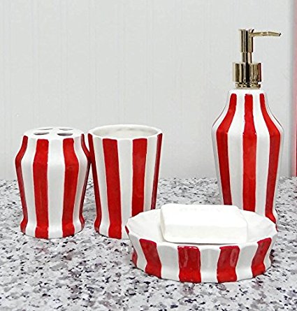 Tuscany Embossed Hand Painted Ceramic, 4-Piece Bathroom Accessories, Soap dispenser, Toothbrush Holder, Toothbrush Cup, Soap Dish by ACK (Striped Red)