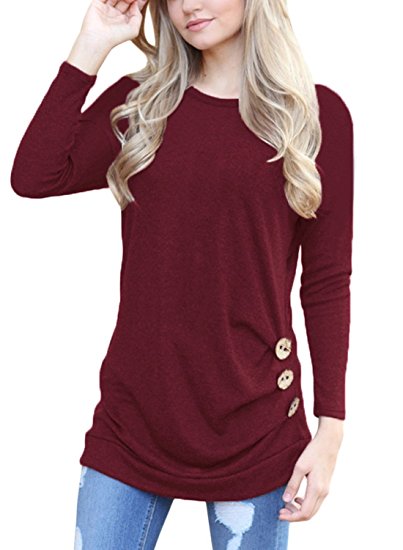HOTAPEI Womens Long Sleeve Casual Round Neck Loose Tunic Top Blouse T-Shirt