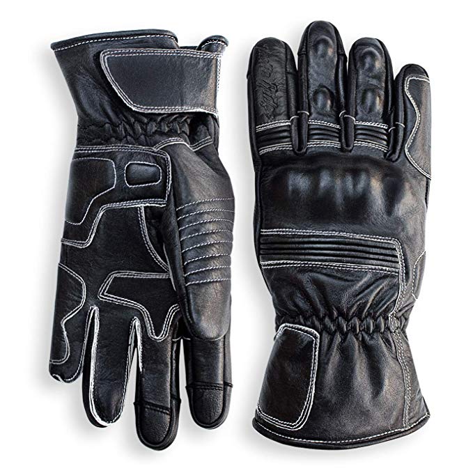 Pre-Weathered Premium Leather Motorcycle Gloves (Black) Cool, Comfortable Riding Protection, Cafe Racer, Full Gauntlet with Mobile Touch Screen (XX-Large)
