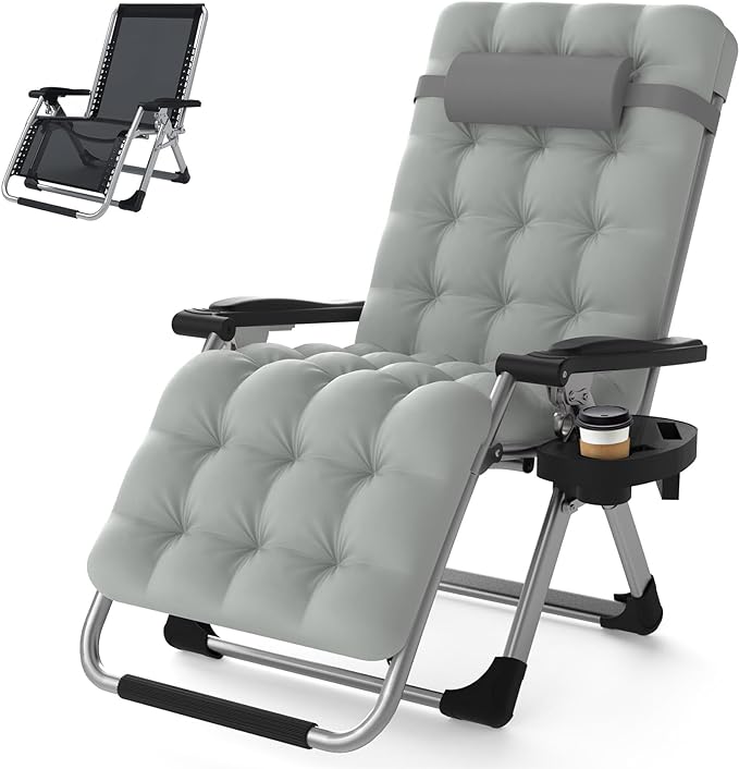 Suteck Zero Gravity Chair 26In L Reclining Camping Chair w/Removable Cushion, Outdoor Lounge Chairs Patio Recliner with Cup Holder and Padded Headrest, Aluminum Alloy Lock Chaise Support 500LBS, Grey
