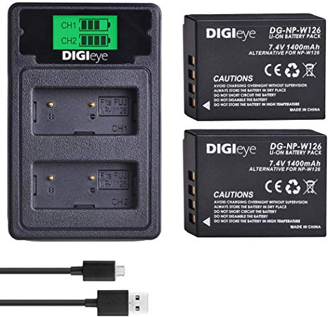 DIGIeye NP-W126 NP-W126S Battery (2 Pack) and Compact LCD USB Dual Charger for Fujifilm NP-W126; Fuji X-T3, X-T2, X-T1,X-A5, X-E3, X-E2, X-E1, X100F, X-H1, X-M1, X-Pro2, X-Pro1, X-T10