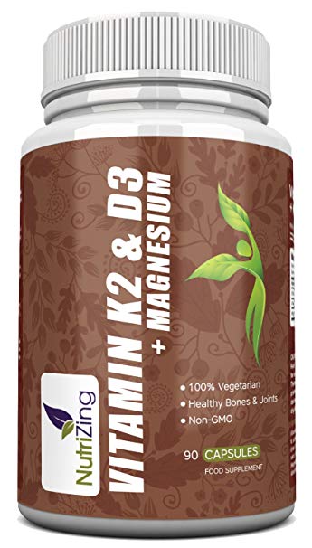 NutriZing's Vitamin K2, Vitamin D3 and Magnesium ~ Premium High Strength Formula ~ 3000IU vitamin D3, 150mcg Vit K2 (MK-7), 20mg Magnesium ~ Best for healthy bones, teeth and heart ~ Quality supplement for men & women