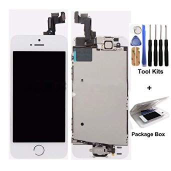 Cellphoneage Replacement Digitizer with Home Button, Bracket, Flex, Sensor, Front Camera, Frame Housing Assembly Display Touch Panel for iPhone 5S Bundle with Repair Tool Kit