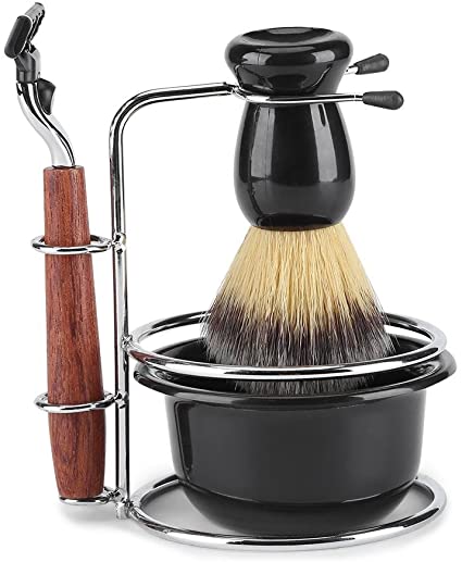 4Pcs Shaving Kit Brush Set with Stainless Steel Brush Stand Holder Safety Razor Shaving Soap Bowl for Men Manual Shaving