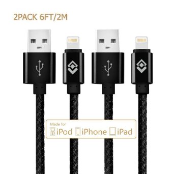 Lightning Cable, [2-Pack] 6ft/2m USB Cable Nylon Braided tangle-free High Speed Data Sync Charger cord with Aluminum heads for Apple iPhone 6/6s/5/5s/5c Plus iPad iPod iPad Air Mini (black)