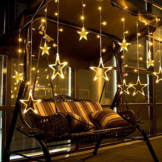 Star Curtain Lights, LEORX 12 Stars 138 Bulbs Window Curtain Lights for Home Bedroom Patio Garden (Warm White)