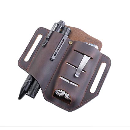 VIPERADE PJ8 EDC Leather Sheath for Blet, Knife/Tool/Flashlight/Tactical pen and EDC Gears, Pocket EDC Organizer Leather Sheath, Hademade 2 Pockets Belt Leather Slip Sheath (Brown)