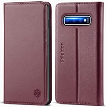 SHIELDON Galaxy S10  Plus Case, Genuine Leather Galaxy S10 Plus Magnetic Wallet Flip Case with Kickstand RFID Blocking Card Slots Gift Box Compatible with Samsung Galaxy S10 Plus (6.4-inch) - Wine Red