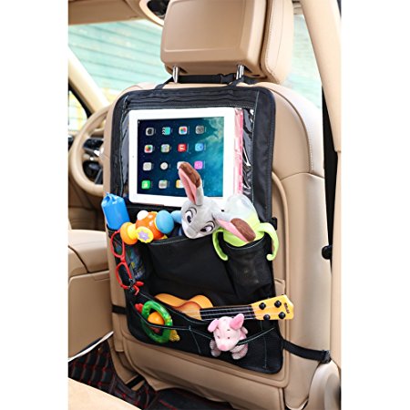 Backseat Car Organizer for Kids Toys & Baby Wipes with X-Large iPad Tablet Holder   BONUS HOOK, Luxury durable fabric, plenty of storage, firm fit, easy to install, kick mat protector for back of seat