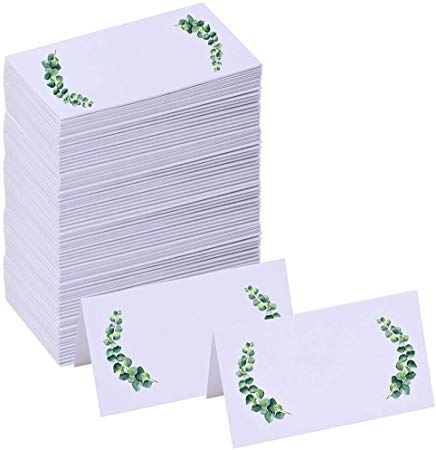 Winlyn 100 Pcs Table Name Place Cards Bulk White Blank Place Cards Floral Greenery Eucalyptus Tented Place Cards Seating Assignment Escort Cards - 3.5" x 2" Wedding Baby Shower Christmas Dinner Party