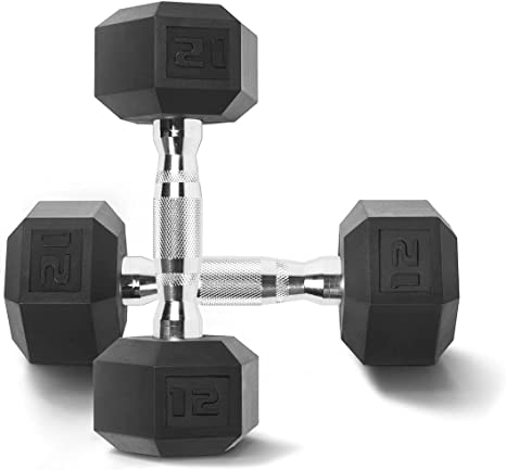 WF Athletic Supply Black & Color Rubber Encased Hex Dumbbells with Contoured Chrome Handle, Full Body Workout & Strength Training, Weight Size Options - Sold in Pairs