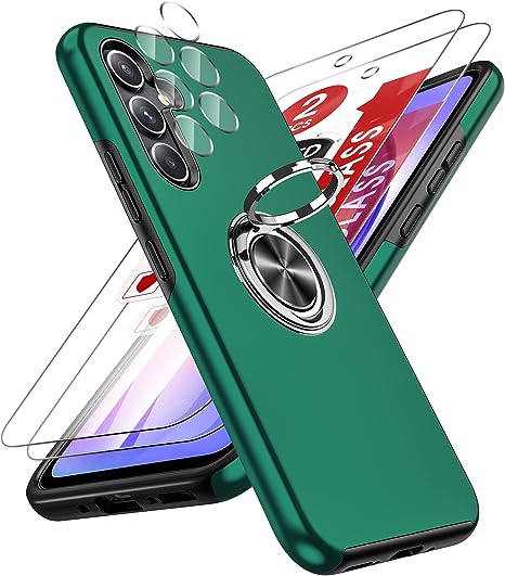 LeYi for Samsung Galaxy A54 5g Case with 2 Tempered Glass Screen Protector & 2 Camera Lens Protector,Heavy Duty Protection Shockproof Cover with Built-in Ring Holder Lightweight Phone Case,Green