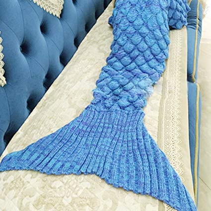 WHYING Large Mermaid Tail Blanket for Adult, Oversized Sleeping Blanket Super Warm Soft All Season Sleep Blanket Fashion Fish Scale Sleeping Bag 71 x 35inch (blue)