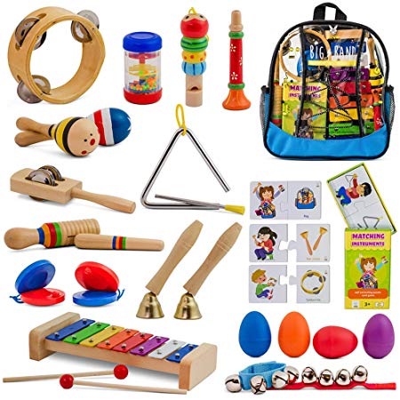 SMART WALLABY 26 pc. Musical Instruments Set for Toddlers   Bonus Puzzle Matching Game | Educational Percussion Kit with Xylophone, Blue Storage Bag & More. Big Band
