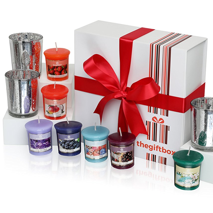 A Luxurious Scented Candle Gift Set by The Gift Box Containing 8 Beautifully Scented Candles and 3 Metallic Glass Candle Holders (Silvereyes)