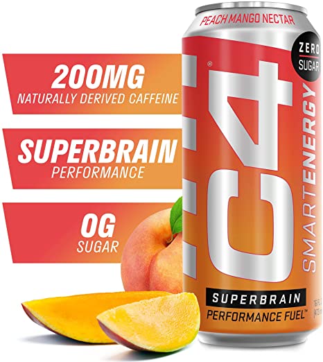 C4 Smart Energy Sugar Free Sparkling Energy Drink Peach Mango Nectar | Performance Fuel & Nootropic Brain Booster Supplement with No Artificial Colors or Dyes | 16oz (Pack of 12)