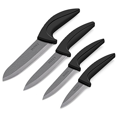 INTEY Kitchen Ceramic Knife Set with Sheath, 4 Pieces, Black