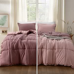 KASENTEX California King Size Comforter Set with 2 Shams - Down Alternative Duvet Insert with Corner Ties, Reversible, Lightweight, Ultra Soft, Machine Washable, All-Season（Twilight Mauve/Pale Mauve）