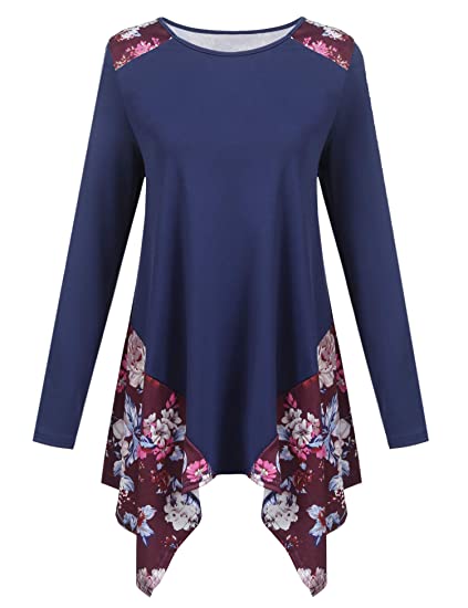 ACEVOG Women Floral Patchwork Asymmetrical Hem Long Sleeve Tunic Tops