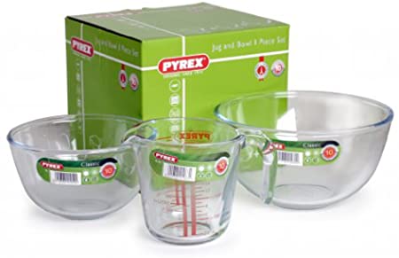 Pyrex 3pc Jug & Bowl Set (1 & 2 Litre Bowls   0.5 Litre Measuring Jug)