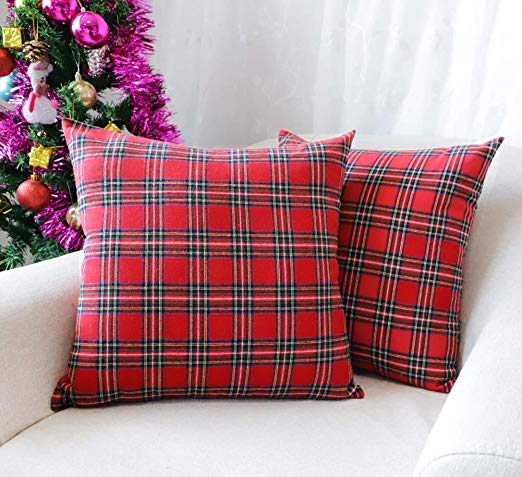 4TH Emotion Set of 2 Christmas Scottish Tartan Plaid Throw Pillow Covers Cushion Case Cotton Polyester for Farmhouse Home Decor Red and Green, 24 x 24 Inches
