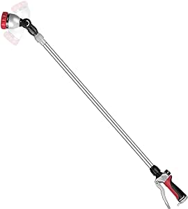 RESTMO 36”-60” (3ft-5ft) Metal Watering Wand, Long Telescopic Tube | 180° Adjustable Ratcheting Head | 7 Spray Patterns | Flow Control, Garden Hose Sprayer to Water Hanging Baskets, Shrubs, Red