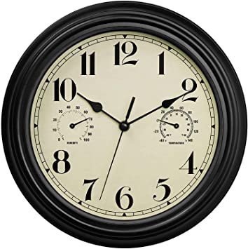 Lumuasky Indoor Outdoor Waterproof Wall Clock with Thermometer and Hygrometer, Retro Silent Non-Ticking Battery Operated Quality Quartz Round Clock (Black)