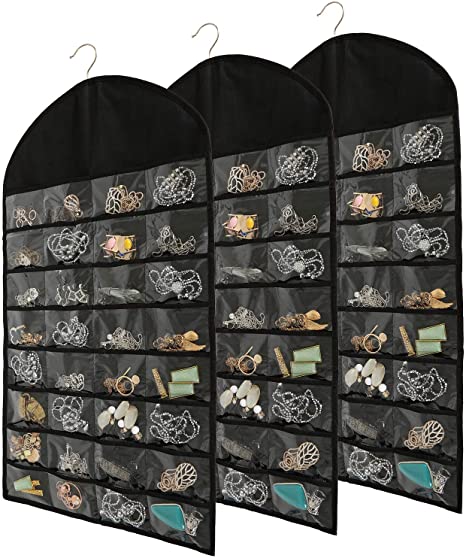 Foraineam 3 Pack Hanging Jewelry Organizer 32 Pockets 18 Hook and Loops Necklace Holder Earrings Bracelet Ring Display Storage Bag