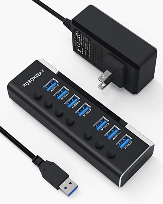 USB Hub 3.0 Powered, ROSONWAY Aluminum 7 Ports USB 3.0 Data Hub Splitter with 12V/2A Power Adapter and Individual On/Off Switches(RSW-A37S)