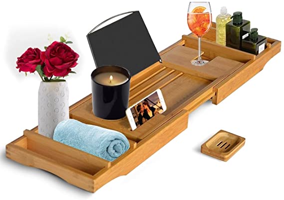 CINEYO Luxury Bamboo Bathtub Caddy Tray - Expandable Bath Table Over Tub with Wine Glass Book and Phone Holder and Free Soap Dish