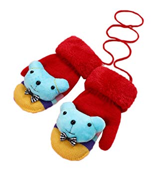 Plush-lined Mittens Gloves with String for Kids Boys Girls - Red
