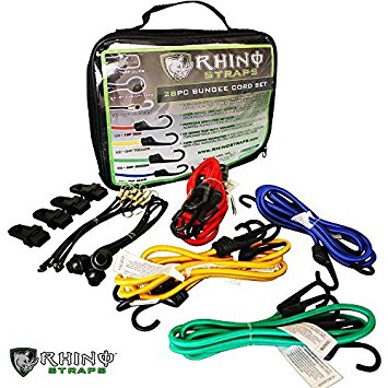 RHINO USA 28pc Bungee Cord Set - Heavy Duty Shock Cord With ABS Coated Steel Hooks, 185lb Max Break Strength Bungie Assortment - Includes Easy Organizer Case and 4 FREE Tarp Clips