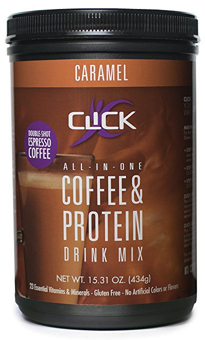 CLICK Coffee Protein, Protein & Real Coffee All-In-One, Meal Replacement Nutrition Drink, Caramel Flavor 15.31-Ounce Canister, 23 Essential Vitamins, Double Shot Espresso Coffee, Hot or Cold