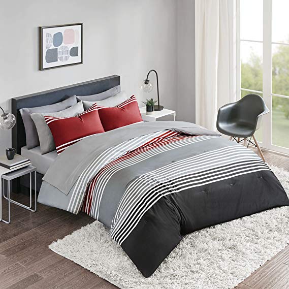 Comfort Spaces Colin 6 Piece Comforter Set All Season Microfiber Stripe Printed Bedding and Sheet with Two Side Pockets, Twin, Red/Grey