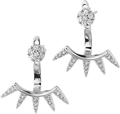 Solid Sterling Silver Rhodium Plated Cubic Zirconia Stud Earrings with Spike Jackets