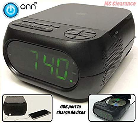 Onn CD/AM/FM Alarm Clock Radio with USB port to charge devices   with Large 1.2 inch green LED display   Aux-in jack, Top Loading CD player ONA202 (Refurbished)