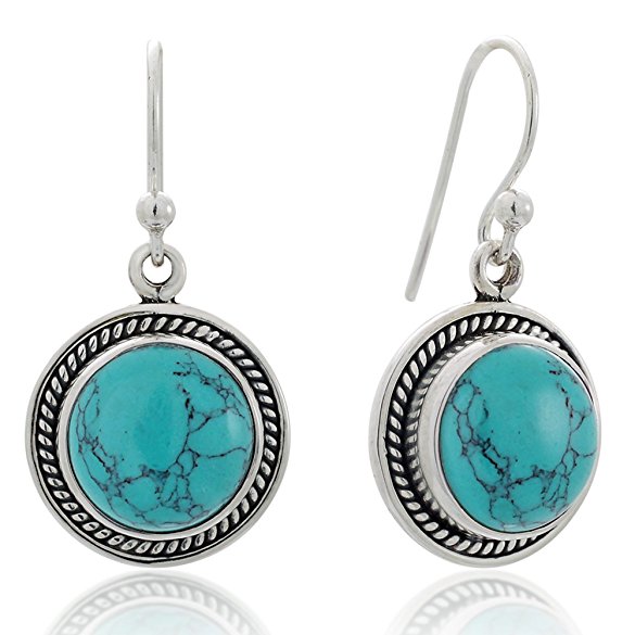 925 Oxidized Sterling Silver Natural Gemstone Round Shaped Rope Edge Dangle Hook Earrings 1.2"