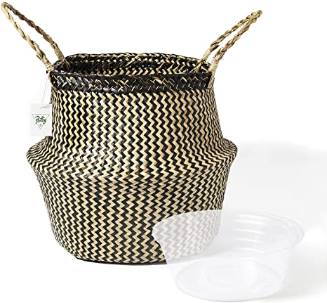 POTEY 710604 Seagrass Plant Basket - Hand Woven Belly Basket with Handles, Large Storage Laundry, Picnic, Plant Pot Cover, Home Decor and Woven Straw Beach Bag (Extra Large, Black Strips)