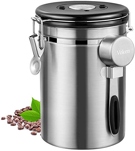 Veken Coffee Canister, Airtight Stainless Steel Kitchen Food Storage Container with Date Tracker and Scoop for Beans, Grounds, Tea, Flour, Cereal & Sugar,22 OZ, Silver