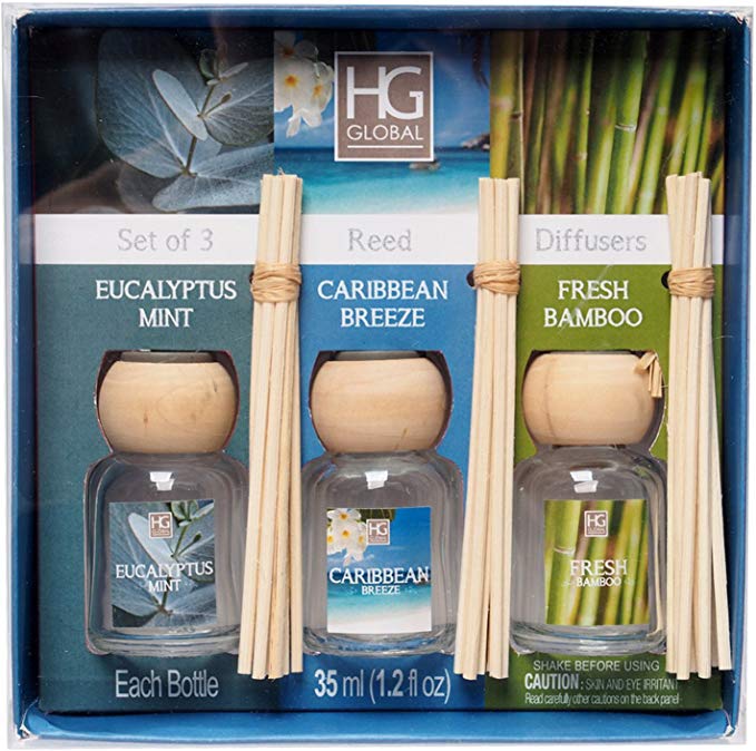 Hosley's Premium Grade Set of 3 Reed Diffuser for Aromatherapy - Eucalyptus Mint, Caribbean Breeze, Fresh Bamboo. Great Gift. Ideal GIFT for Weddings, Spa, Reiki, Meditation, Bathroom Settings W1