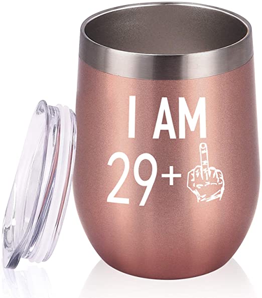 29 Plus One Middle Finger Wine Tumbler 30th Birthday Gifts for Women, Turning 30 Funny Tumbler Gifts Idea for Friends Her Wife Mom Coworkers, 12 Oz Insulated Tumbler Glasses, Rose Gold