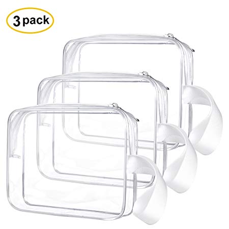 3pcs/pack Sariok Clear Toiletry Bag with Zipper TSA Approved Travel Cosmetic Bag PVC Make-up Pouch Handle Straps for Women Men, Carry On Airport Airline Compliant Quart Bags 3-1-1 Kit Luggage (Clear)