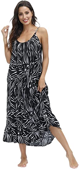 BUENOS NINOS Women's V Neck Floral Maxi Dress Boho Printed Adjustable Spaghetti Strap Ethnic Beach Long Dress with Pockets