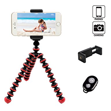 Behomy Flexible Octopus Style Phone Tripod for iPhone, Camera and Android Smart Phones with Phone Holder and Bluetooth Remote (Red)
