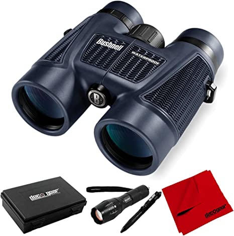 Bushnell H2O Waterproof/Fogproof Roof Prism Binocular, 10 x 42-mm, Black Bundle with Deco Gear Tactical Flashlight and Pen Set with Water/Shockproof Case   6 x 6 inch Microfiber Cleaning Cloth